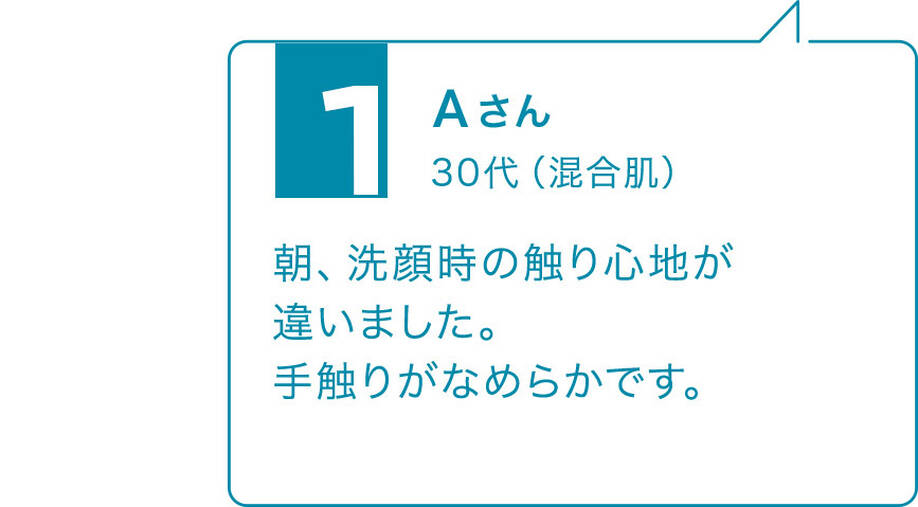 1 Aさん 30代(混合肌)朝、洗顔時の触り心地が違いました。 手触りがなめらかです。
