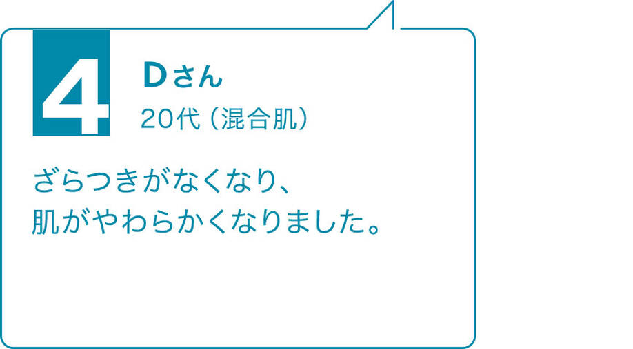 4 Dさん 20代(混合肌)ざらつきがなくなり、肌がやわらかくなりました。