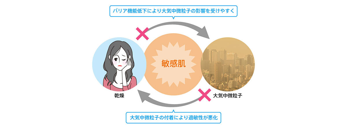 敏感肌を引き起こさないためには、乾燥と大気中微粒子をダブルでケアすることが大切です。