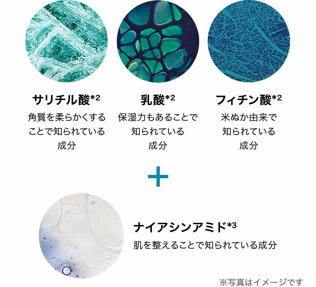 サリチル酸*2 角質を柔らかくすることで知られている成分 乳酸*2 保湿力もあることで知られている成分 フィチン酸*2 米ぬか由来で知られている成分 ナイアシンアミド*3 肌を整えることで知られている成分