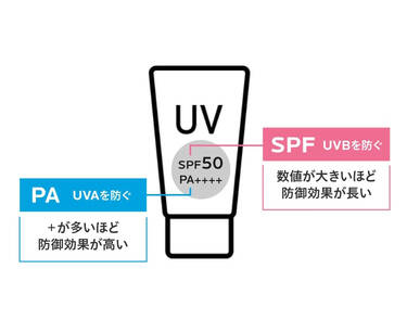 PA UVAを防ぐ +が多いほど防御効果が高い SPF UVBを防ぐ 数値が大きいほど防御効果が長い
