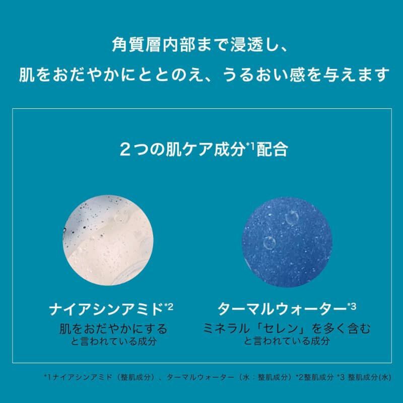 角質層内部まで浸透し、肌をおだやかにととのえ、うるおい感を与えます 2つの肌ケア成分*1 配合 ナイアシンアミド*2 肌をおだやかにする と言われている成分 ターマルウォーター*3 ミネラル「セレン」を多く含む と言われている成分 *1 ナイアシンアミド（整肌成分）、ターマルウォーター（水：整肌成分） *2 整肌成分 *3 整肌成分（水）