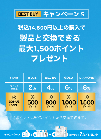 BEST BUY キャンペーン 5 税込14,800円以上の購入で 製品と交換できる 最大1,500ポイント プレゼント* ポイントは500ポイントから交換できます。